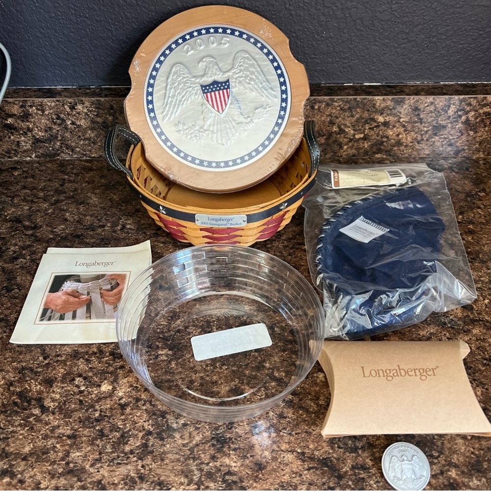 Longaberger 2005 President Inaugural Basket Tie-on, lid, protector, liner NEW
